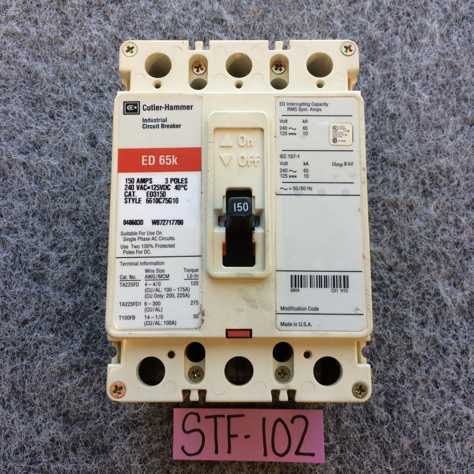 Eaton / Cutler-Hammer ED3150 3 Pole Circuit Breaker 150 Amp ED 65k