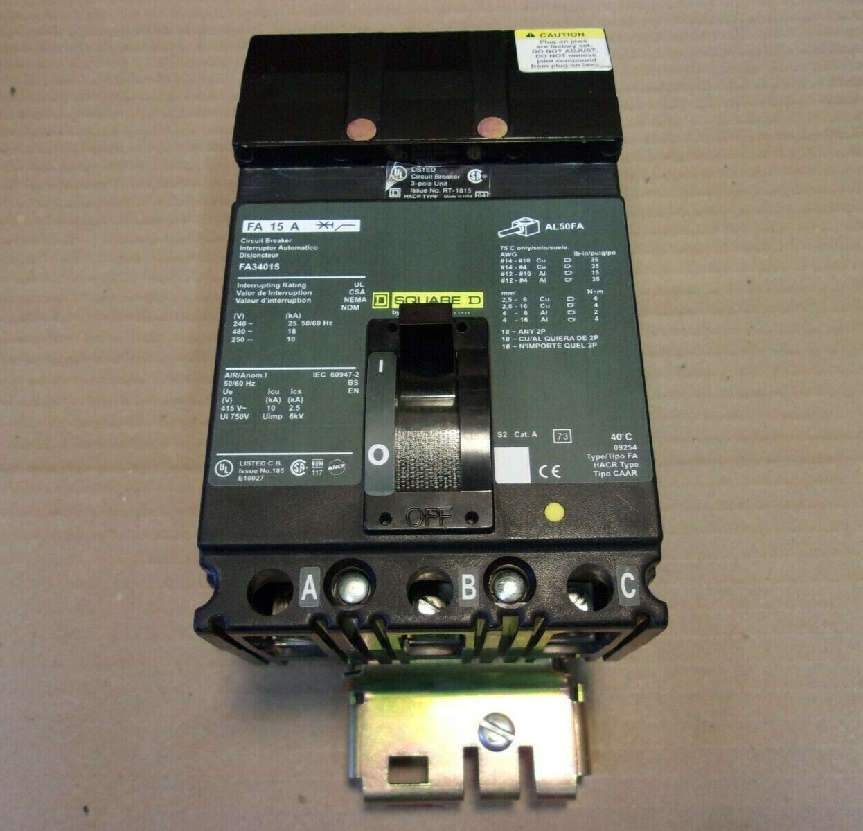Square D FA FA34015 3 Pole 15 Amp 480V Green Label I-Line Circuit Breaker