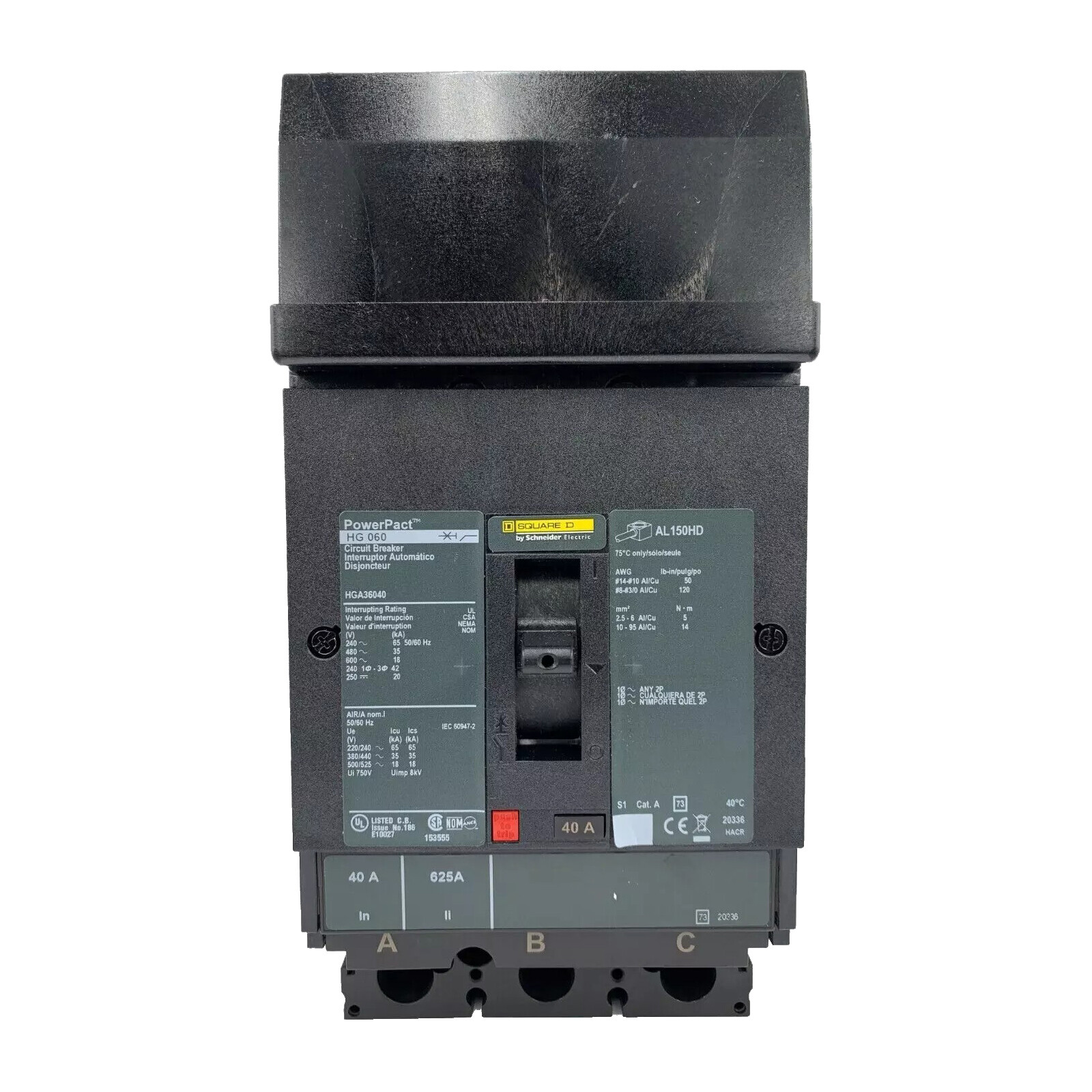 NIB – Square D – HGA36040 – Circuit Breaker, Powerpact H, 3 Pole, 600 Vac, 18Ka
