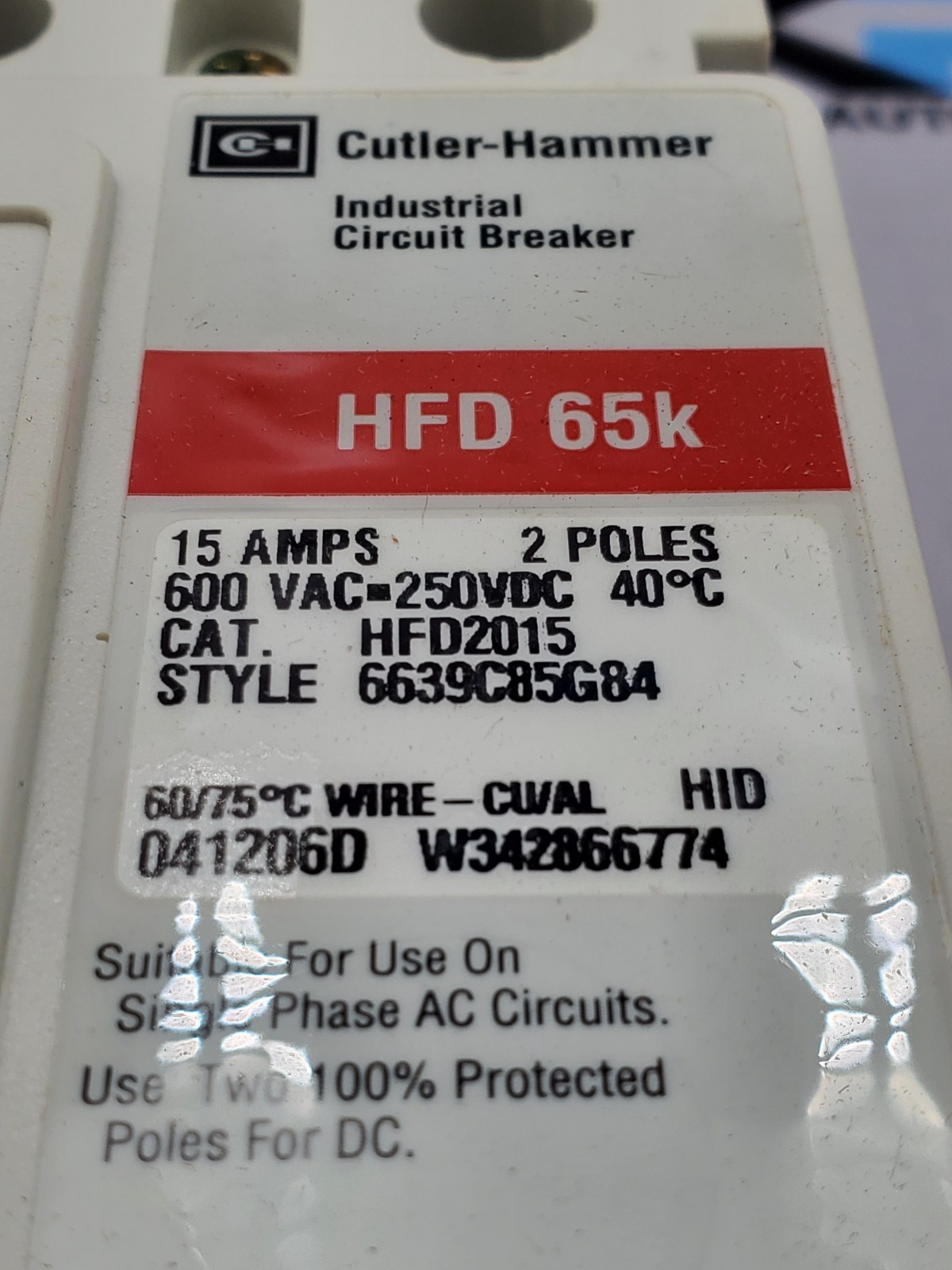 Eaton Cutler Hammer HFD2015 2 Pole Circuit Breaker