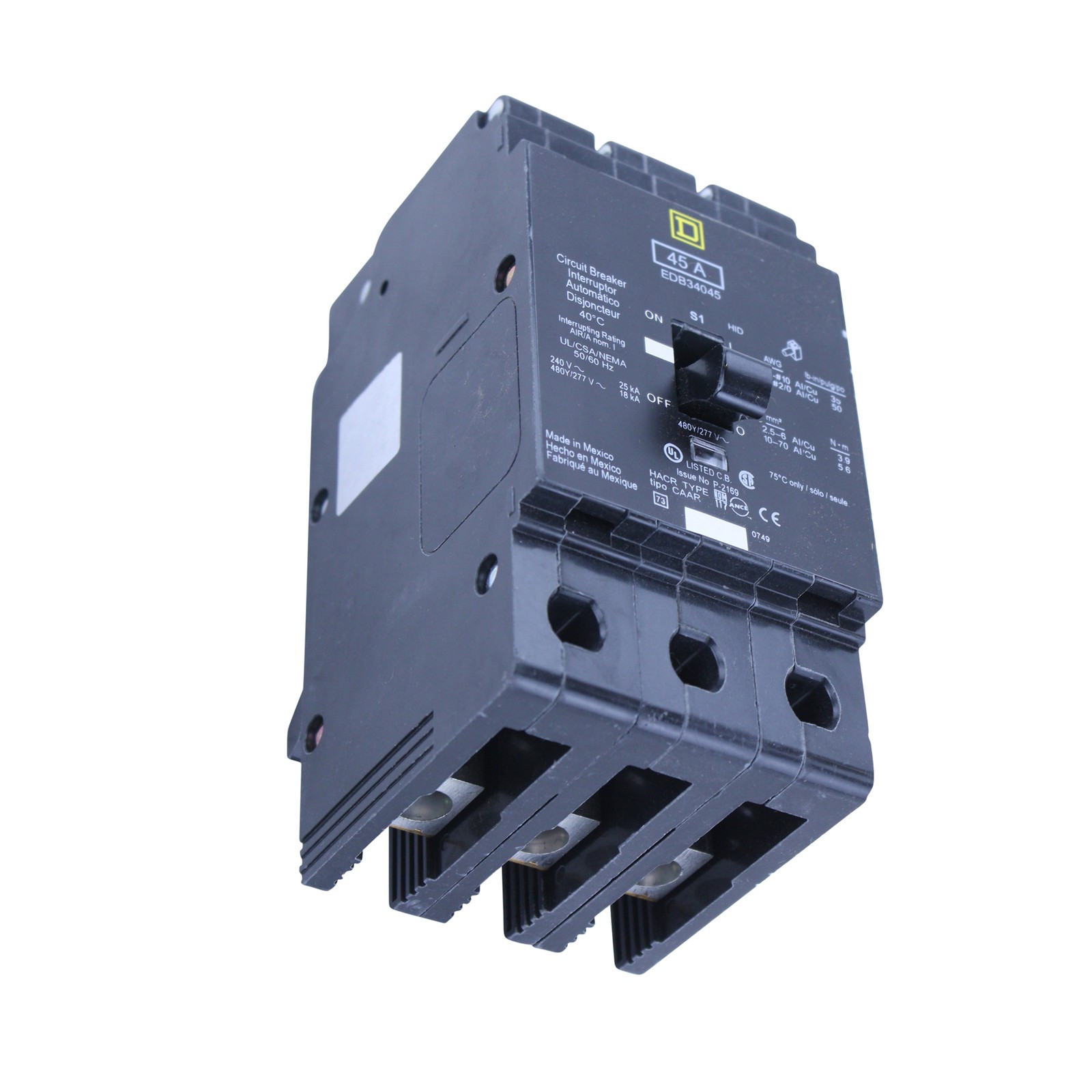 SQUARE D EDB34045 3 POLE 45 AMP 480Y/277V 18KA THERMAL MAGNETIC CIRCUIT BREAKER