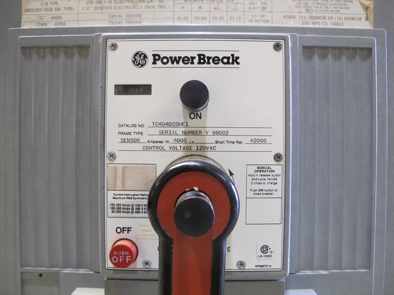 General Electric TC4040SSHE1 4000 Amp PowerBreak Breaker LSIG TC4040SS TC4040-SS