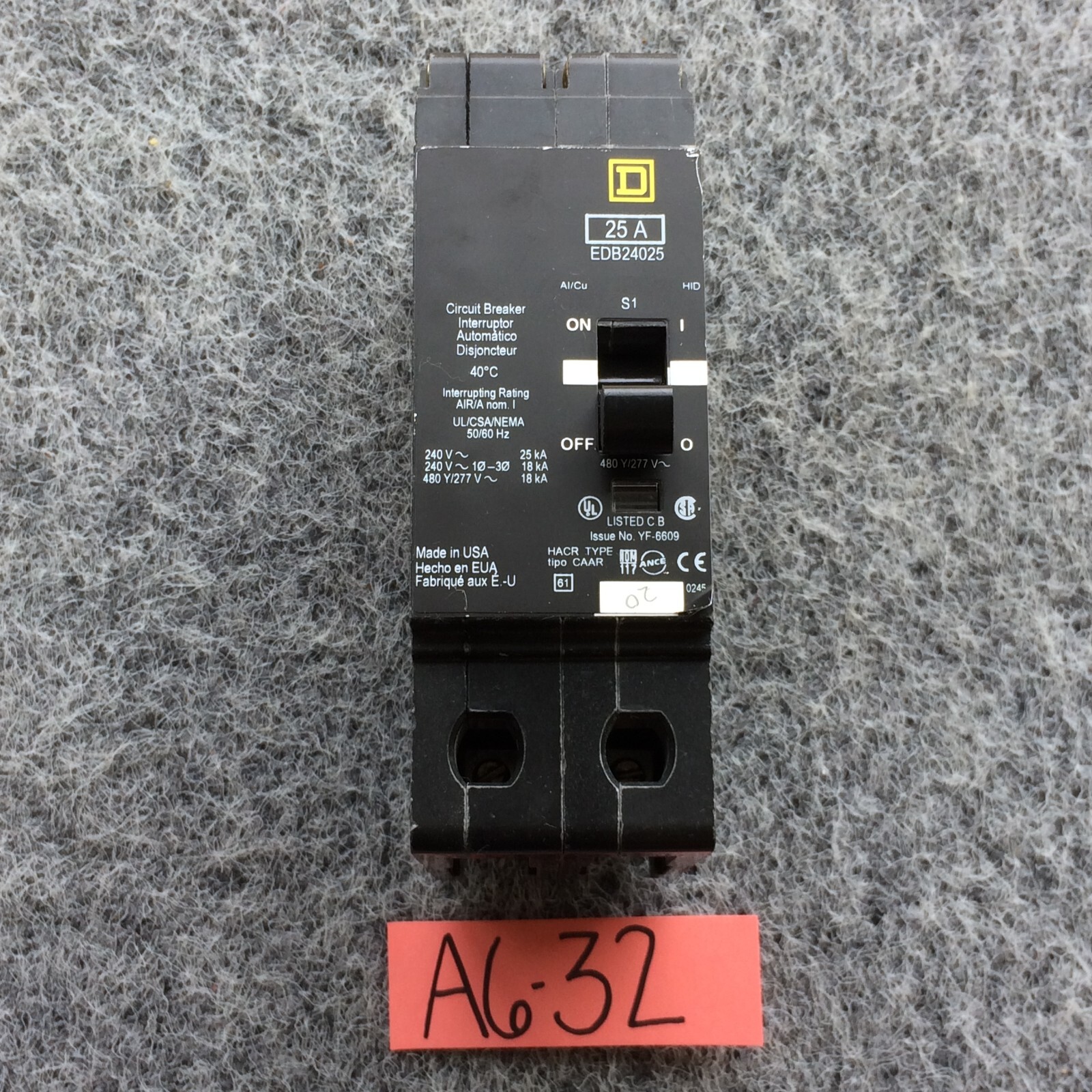 Square D EDB24025 2 Pole 25 Amp 480Y/277V Circuit Breaker