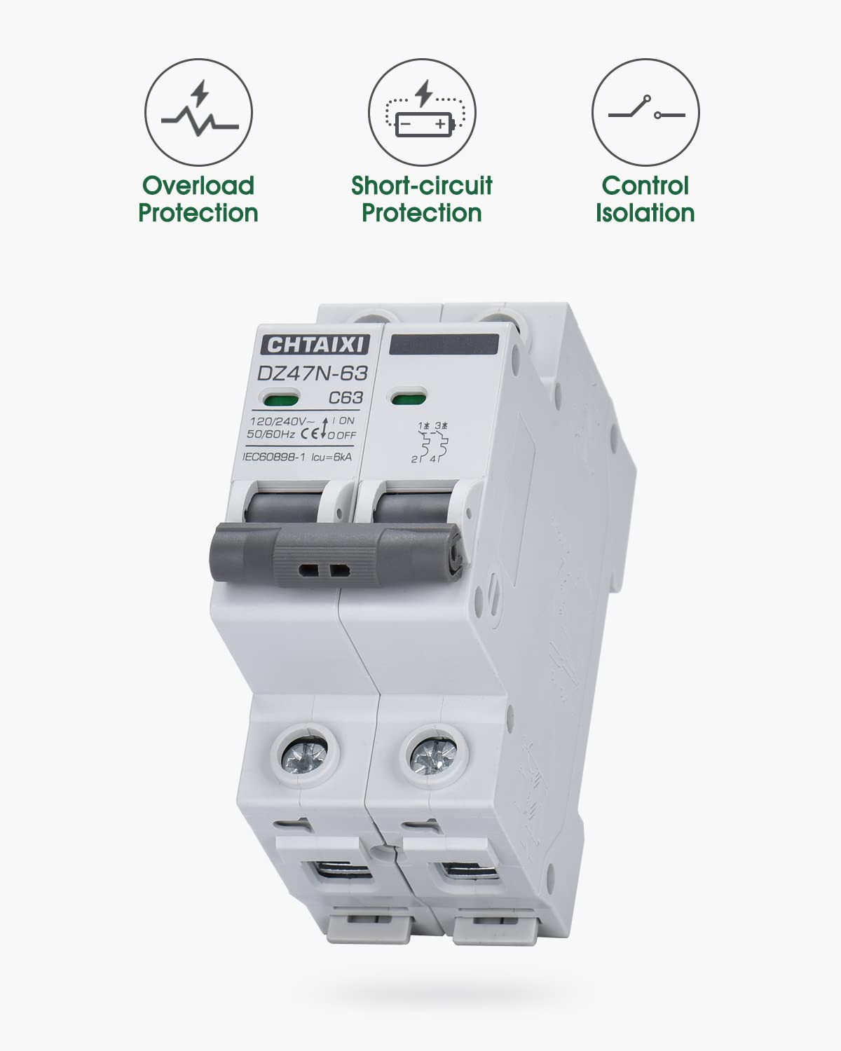 AC Miniature Circuit Breaker, 63 Amp 120V/240V 2 Pole DIN Rail Mount Circuit Bre