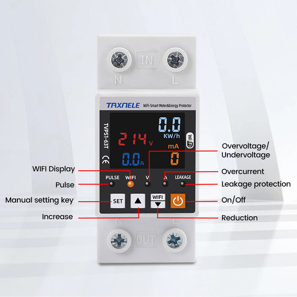 85~300VAC 63A Tuya WIFI Intelligent Control Single Phase Power Protector 50/60hz
