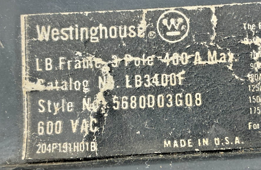 Westinghouse LB3400F Circuit Breaker 3P 300A 600VAC MISSING SWITCH