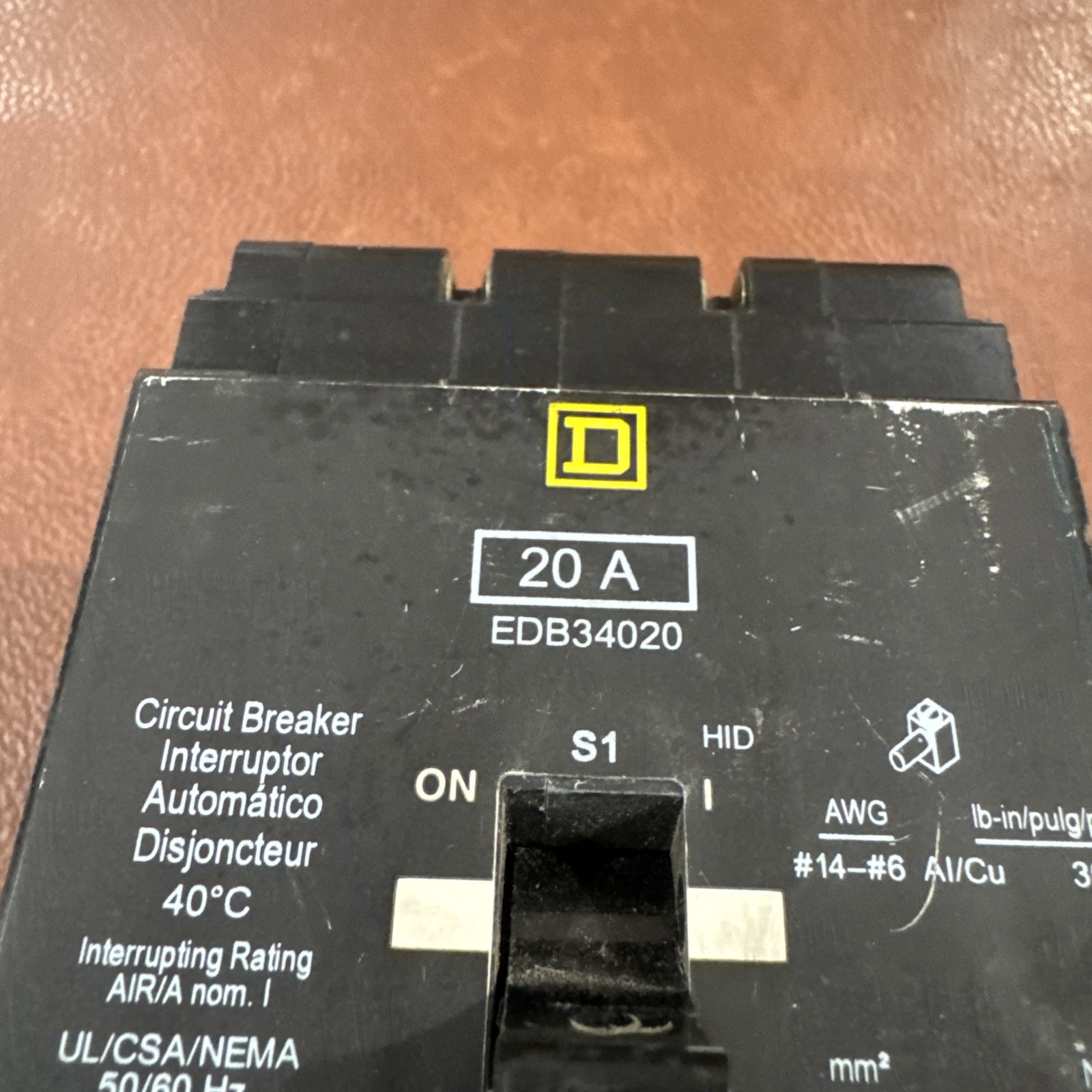 Square D EDB34020 Bolt On Circuit Breaker 20A 3P 480Y/277V 18KA EDB 3 Pole 20Amp