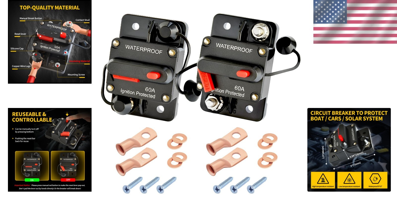 Pack of 2: 60A DC Battery Protection Circuit Breaker with Waterproof Design