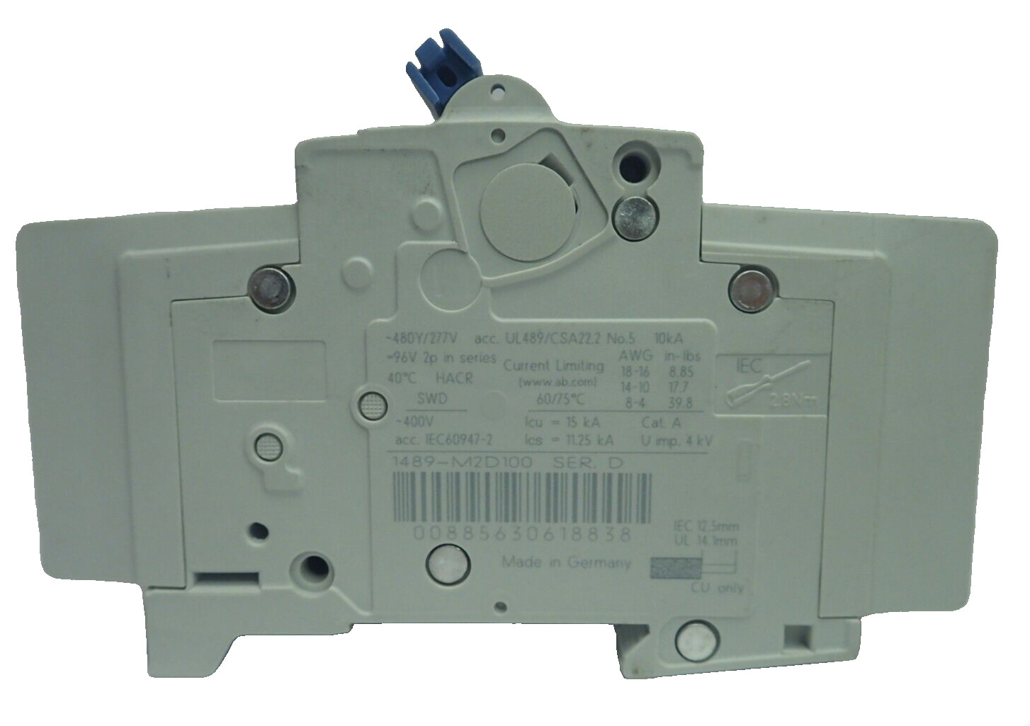 ALLEN BRADLEY 1489-M2D100 SER.D 400Vac 10A 2 POLE TRIP CURVE D BREAKER