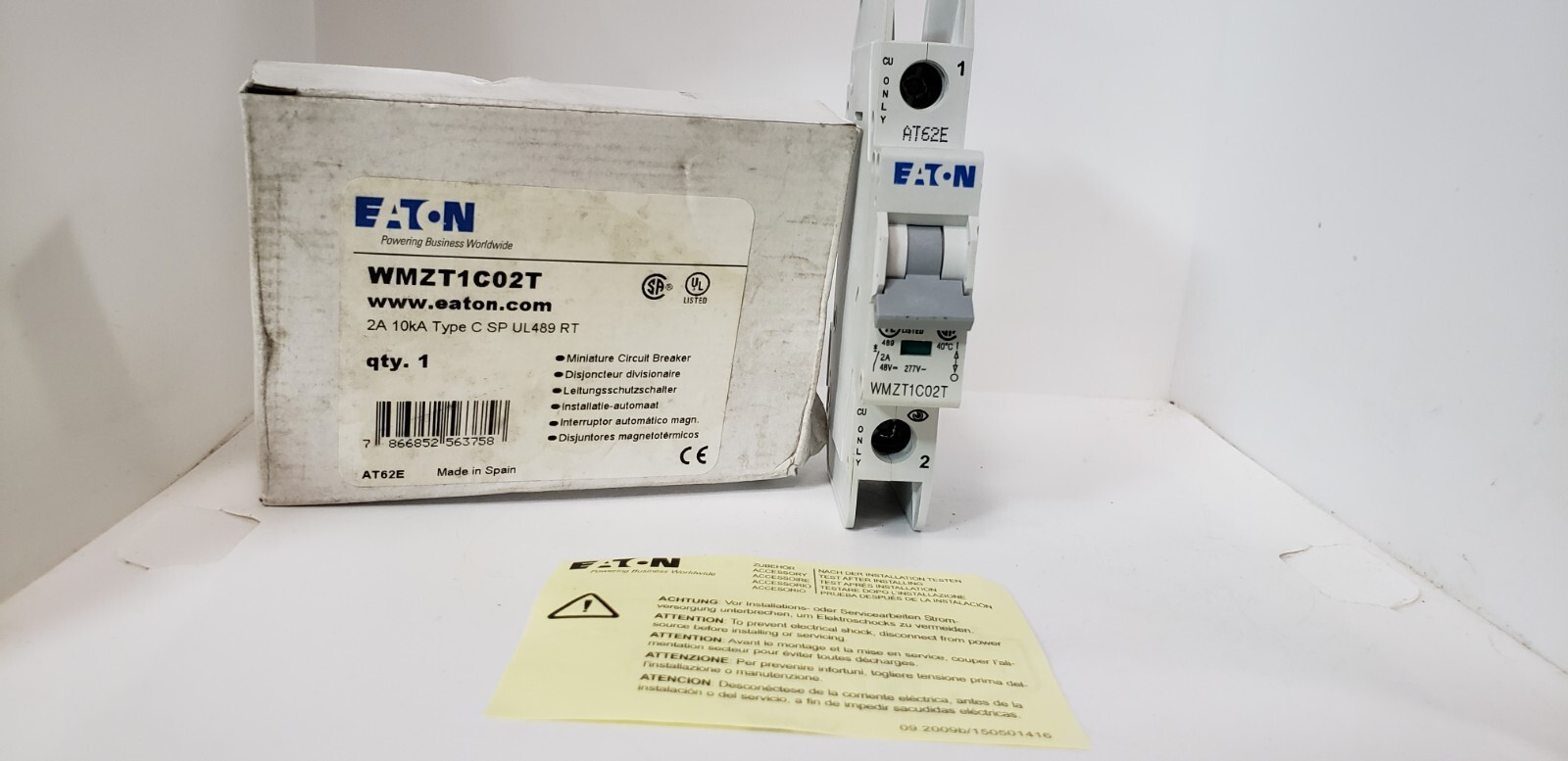 EATON WMZT1C02T CIRCUIT BREAKER, 1 POLE, 2A, 240/415V, 10kA, TYPE C, NIB