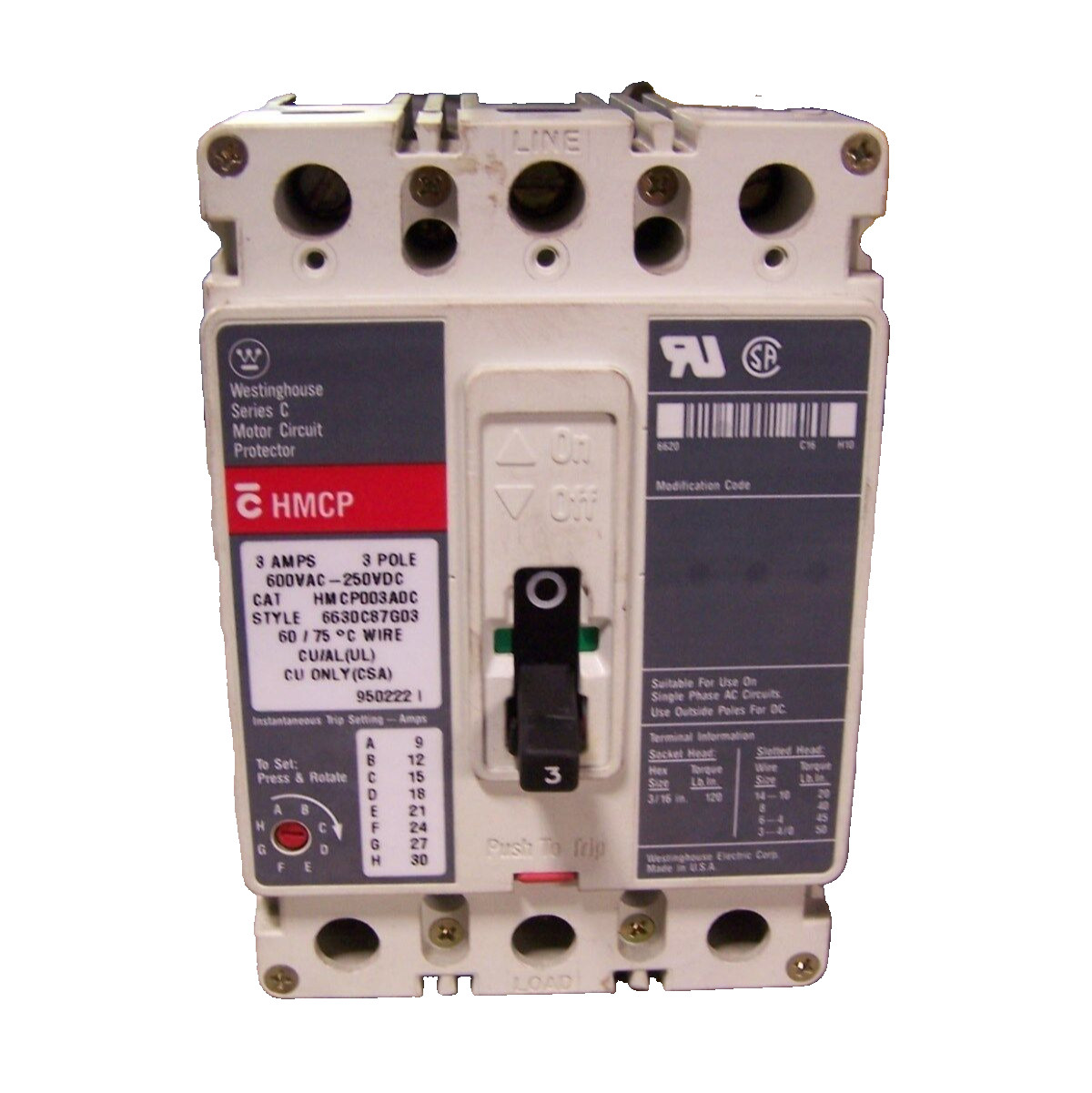WESTINGHOUSE 3 AMP CIRCUIT BREAKER 600 VAC / 250 VDC 3 POLE HMCP003ADC