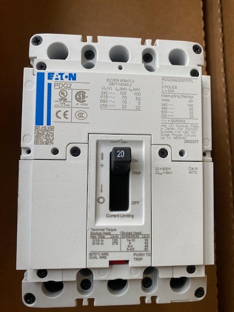 Eaton PDG23M0020TFFL 20A 3P 65KA@480V Type PDG Power Defense Breaker (NEW)