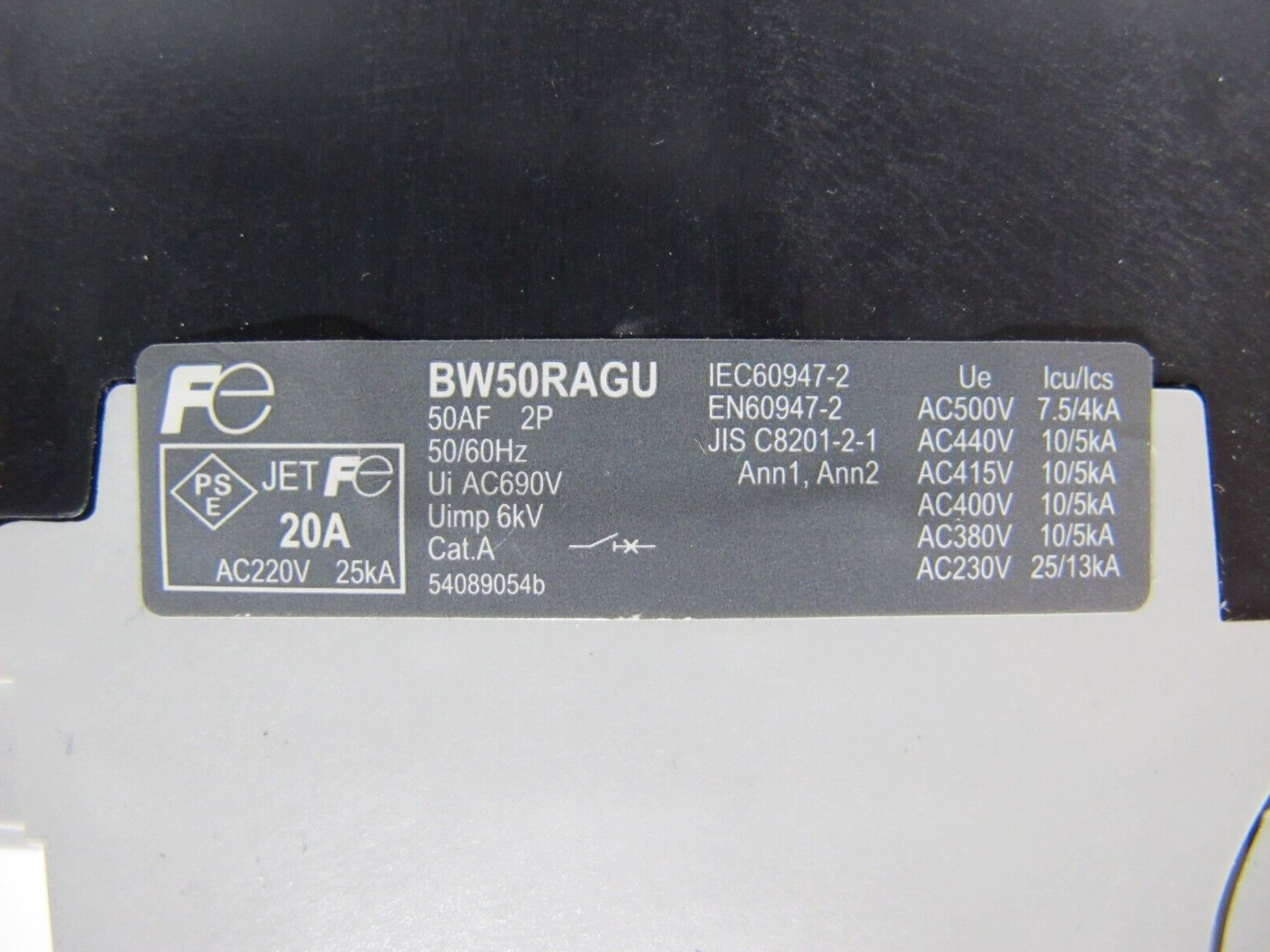 Fuji Electric BW50RAGU-2P020 20 Amp Auto Breaker 2-Pole 20A 690VAC 250VDC BW50RA