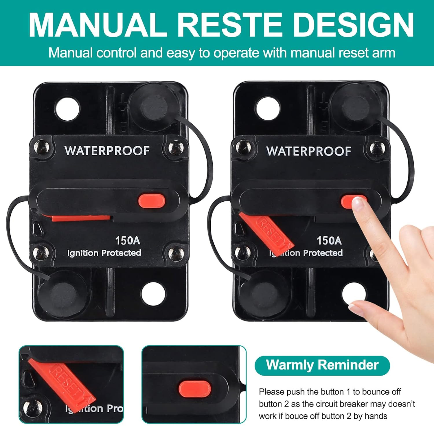 150 Amp Waterproof Circuit Breaker,With Manual Reset,12V-48V DC, for Car Marine