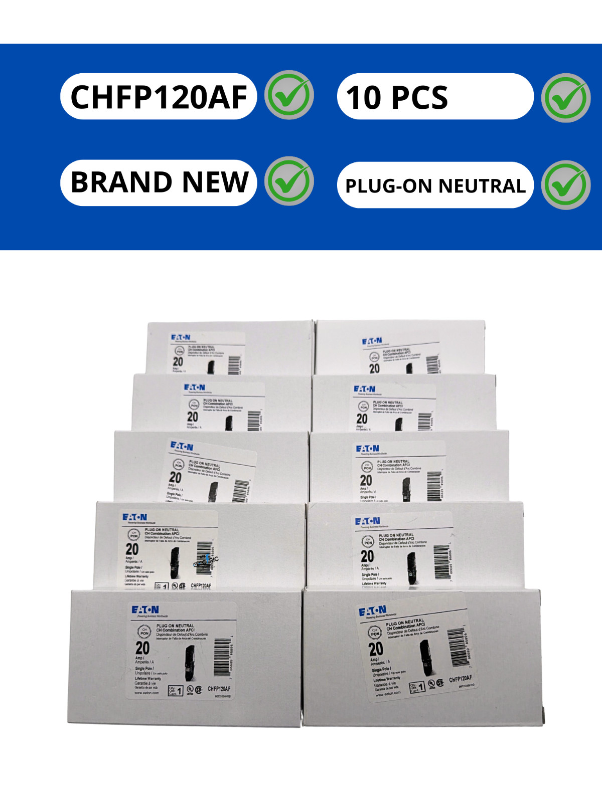 🔥 Eaton CHFP120AF 20A 1-Pole AFCI Arc Fault CH Plug-On Neutral Breaker 10 Pack
