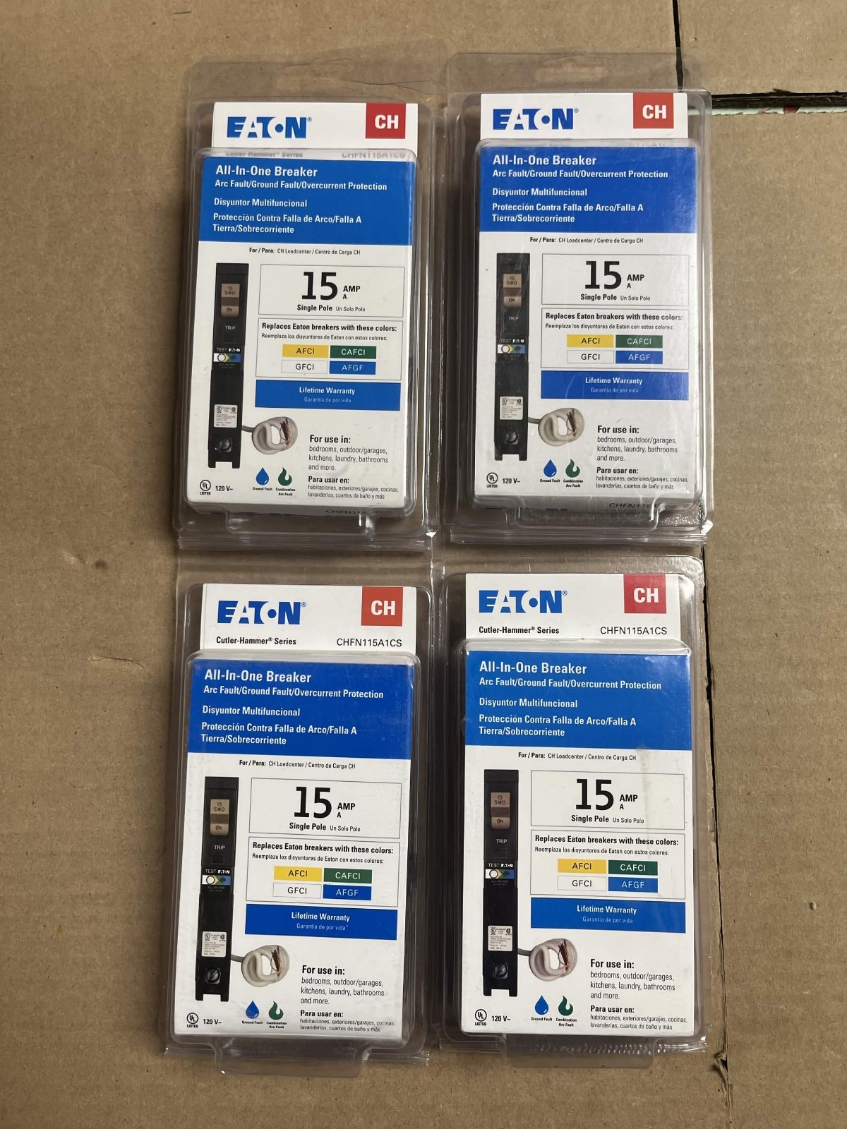 New Eaton CHFN115A1CS 15-Amp 1-Pole Dual Function AFCI/GFCI Breaker 4-Pack