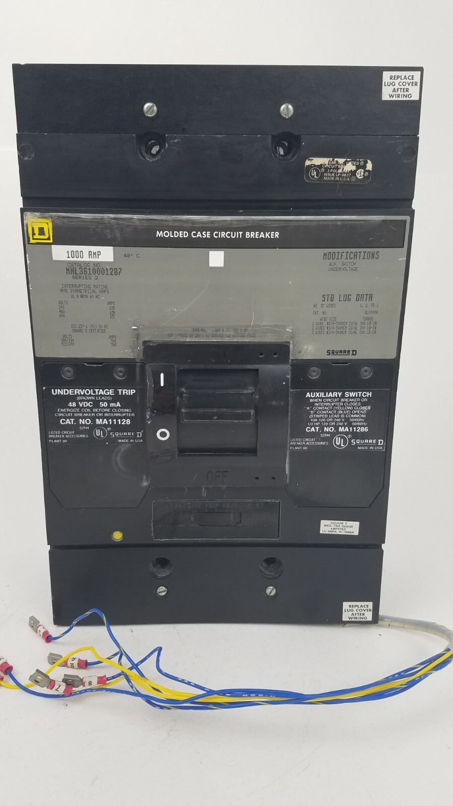 MHL3610001287 Square D 1000A Circuit Breaker w/ 48V Undervoltage Aux Switch