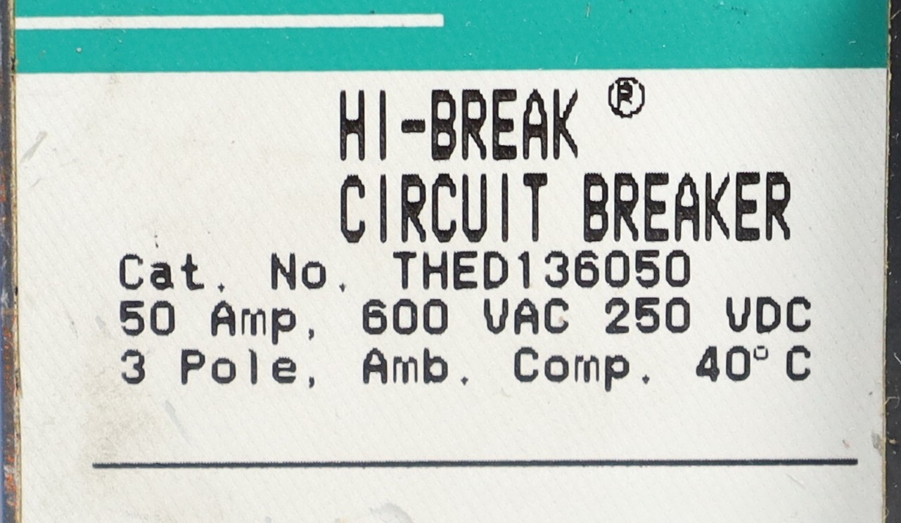 GE 50A Hi-Break Circuit Breaker 3 Pole 600 VAC / 250 VDC 25kA THED136050