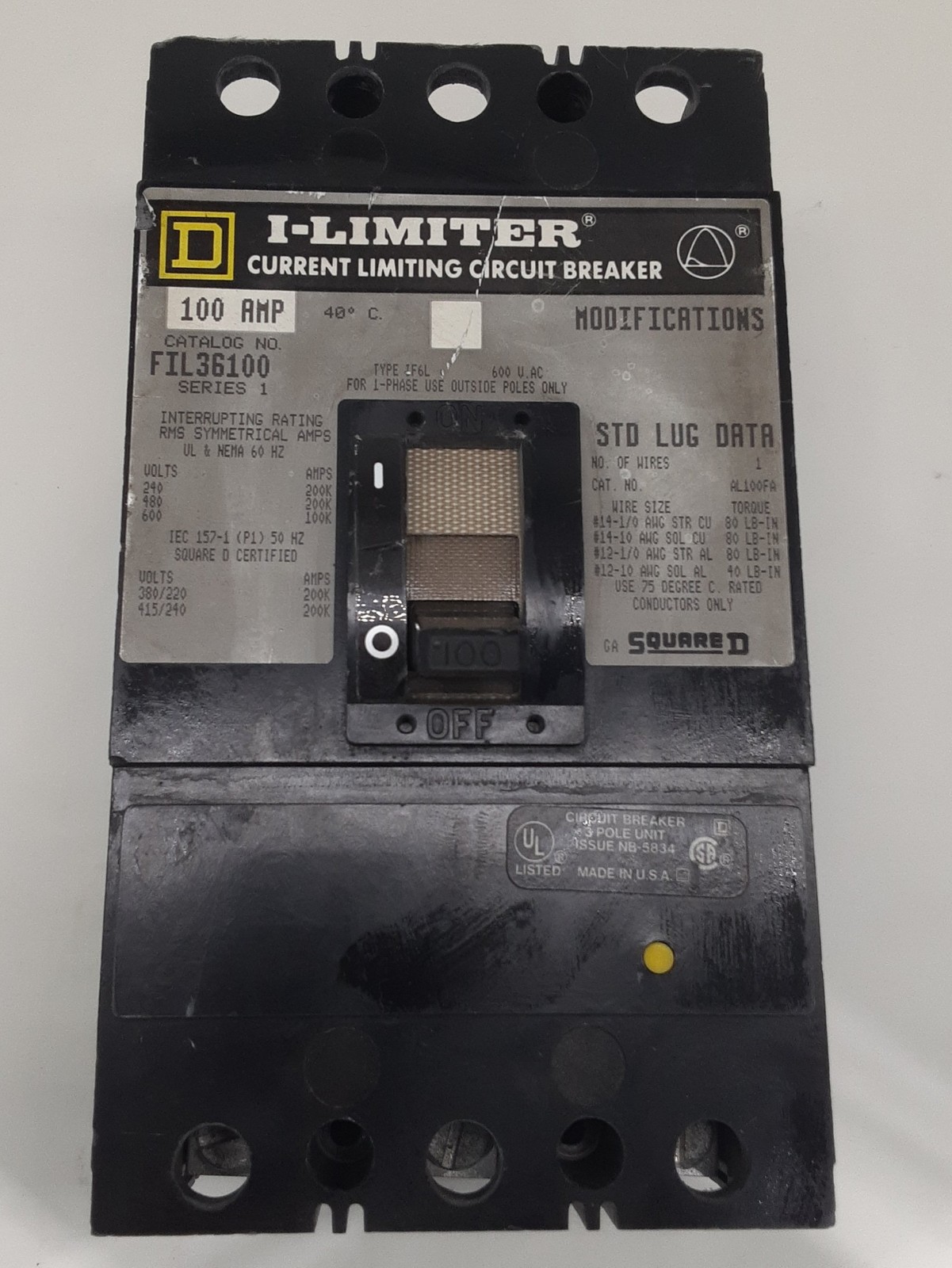 Square D FIL36100 I-Limiter® 3-Pole Circuit Breaker, 600V 100A