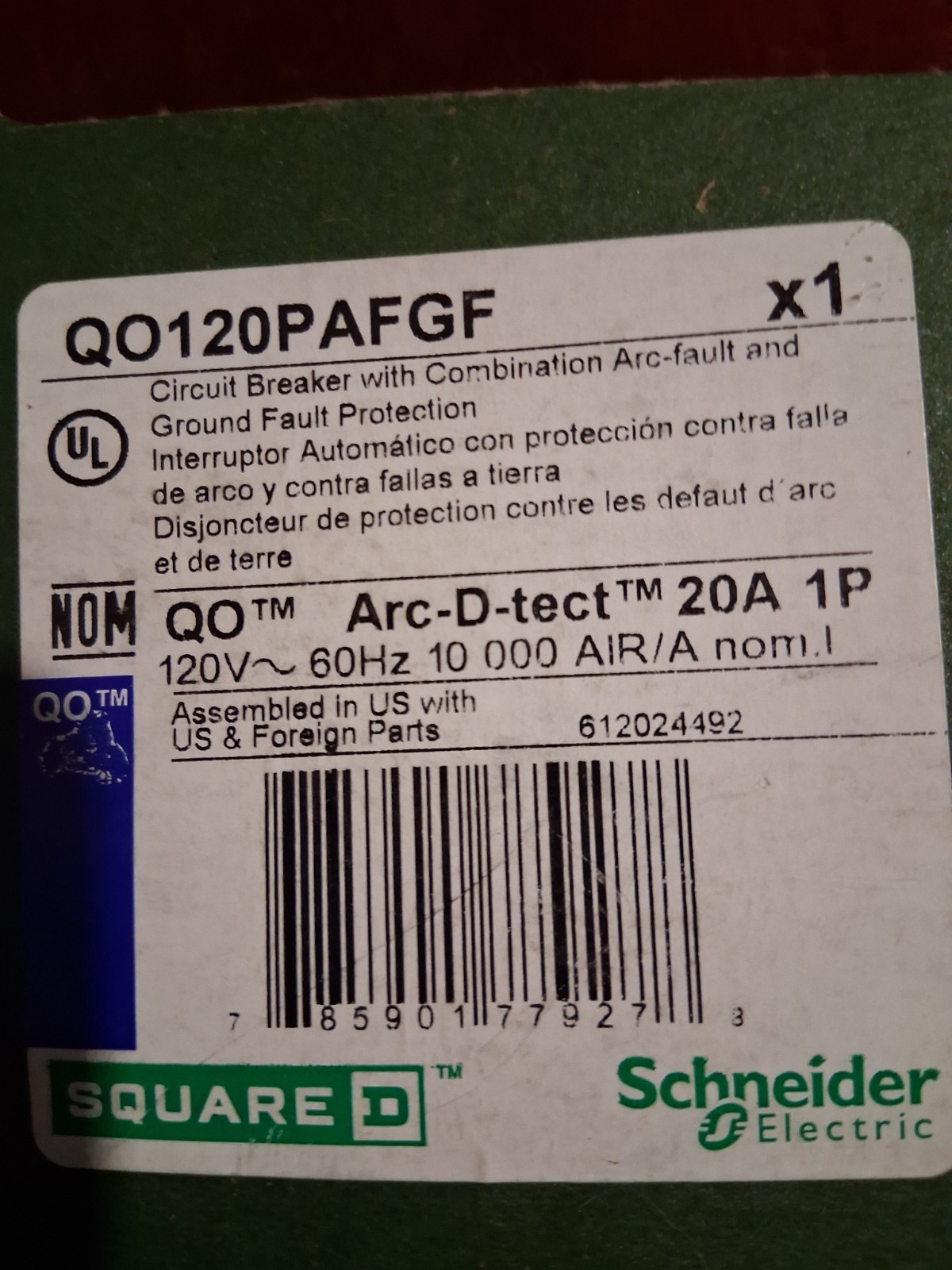 Square D QO120PAFGF 1 Pole Dual Function Circuit Breaker