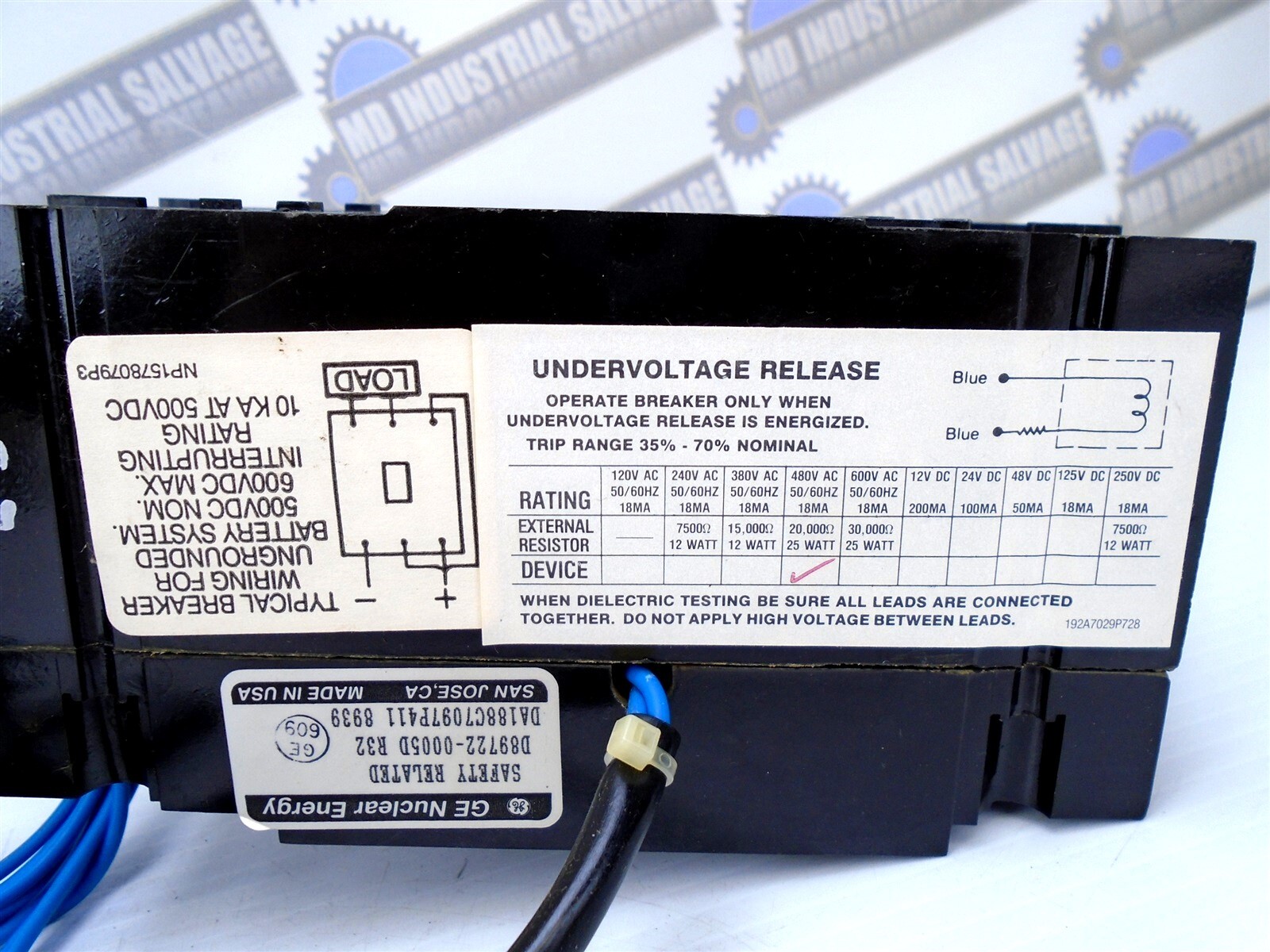 GE – TED136020WL – 20A, 3 Pole, 240-600 VAC – w/EXTERNAL RESISTOR 20k Ω 25W