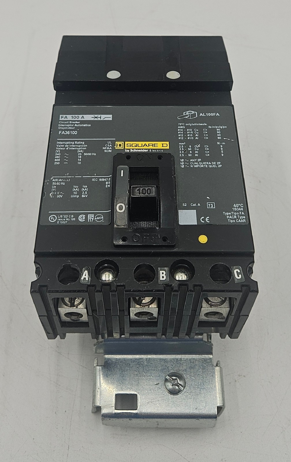 Square D FA36100 I-Line 100 Amp 3 Pole Circuit Breaker 600V