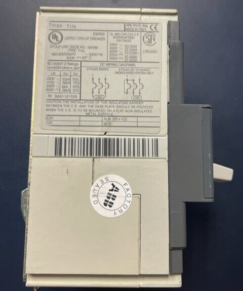 ABB SACE T-Max T1N 100 Amp Circuit Breaker, 3 Pole 480V Din Rail or Fixed Mount
