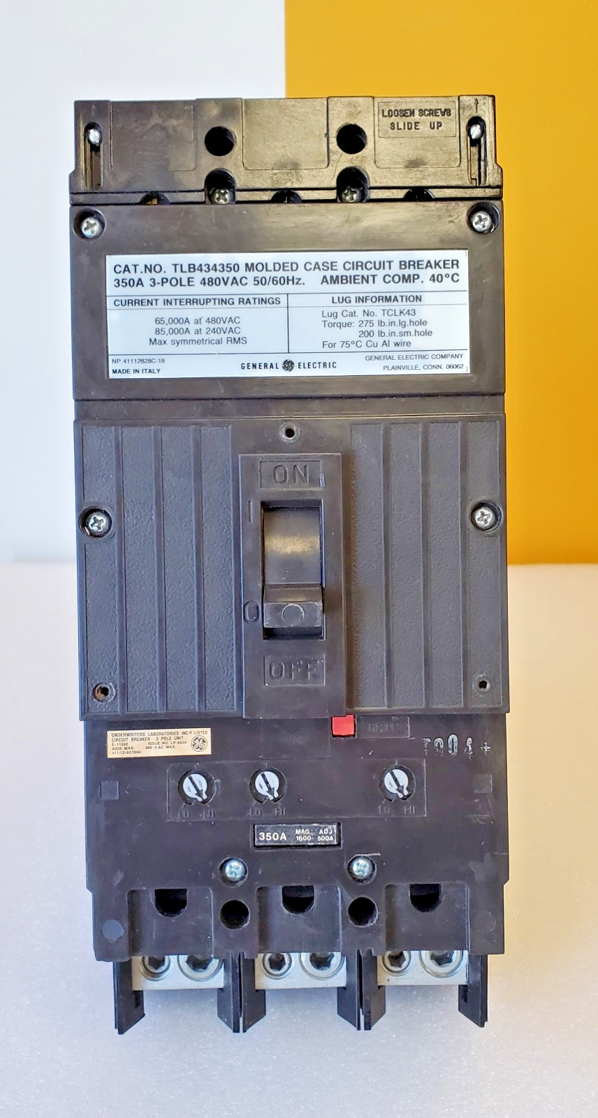 GE 350 Amp Circuit Breaker 3 Pole 480 VAC TLB434350 MAG ADJ MADE IN ITALY TESTED