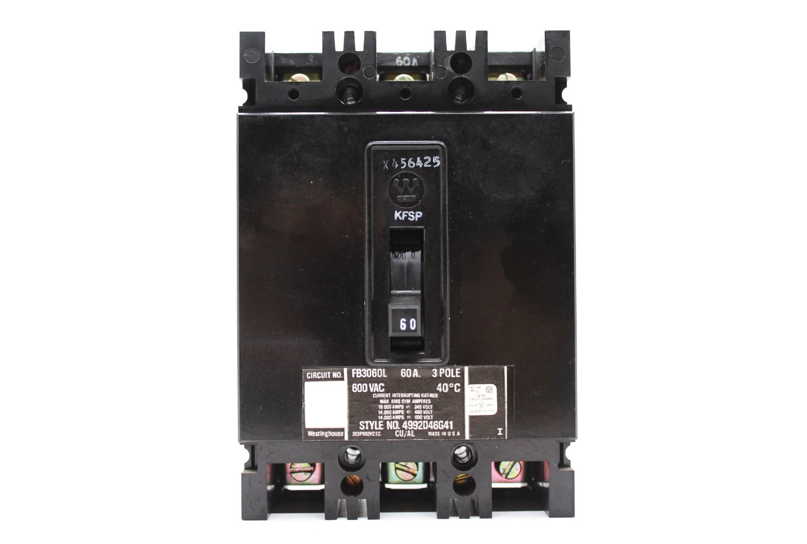 WESTINGHOUSE FB3060L CIRCUIT BREAKER 60 AMP 3 POLES 600 VAC (#25-012)
