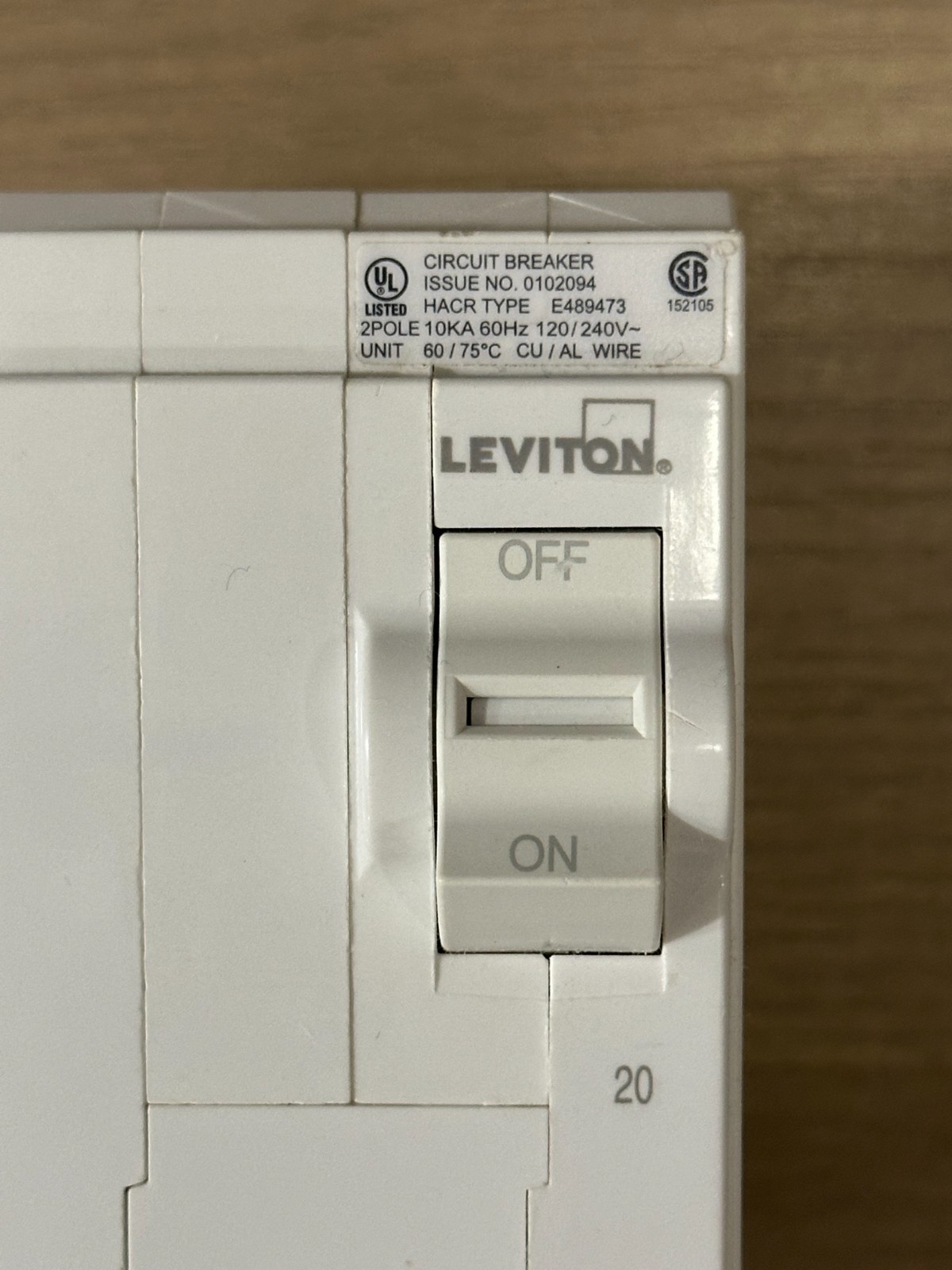 Leviton LB220-T 20A 2-Pole Plug-On Standard Branch Circuit Breaker White