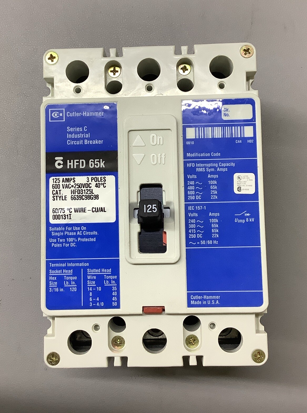 Cutler-Hammer HFD3125L Circuit Breaker 125A 600VAC (b267)