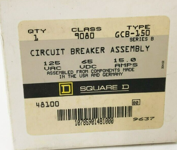 New Square D 9080 GCB-150 Circuit Breakers 15A 125VAC 65VDC Series B