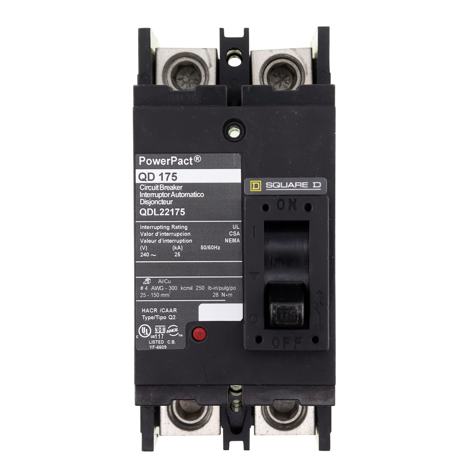 SQUARE D QDL22175 CIRCUIT BREAKER, QD TYPE, 2-POLE, 25KA, 240VAC, 175A