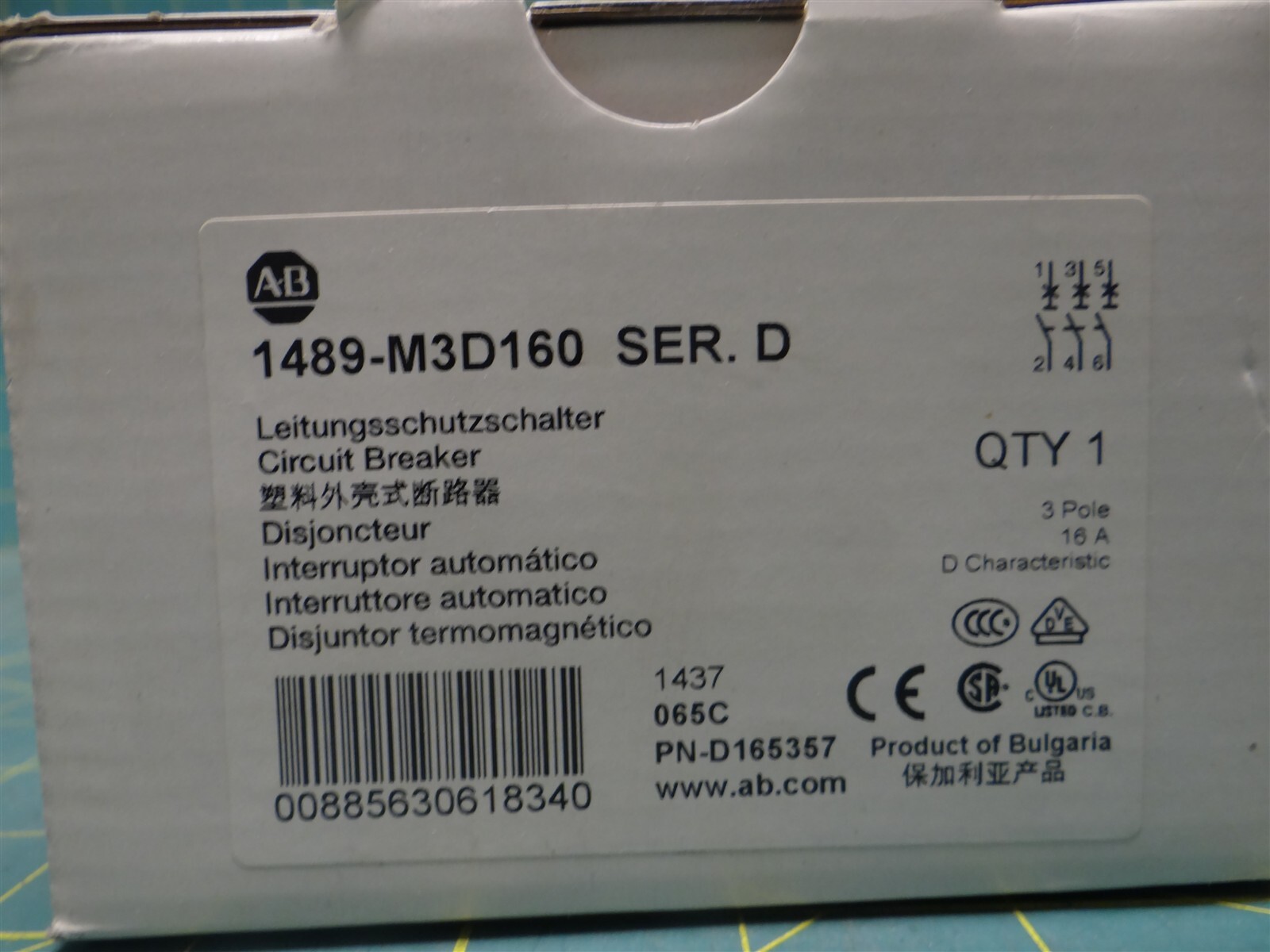 Allen-Bradley 1489-M3D160 Miniature Circuit Breaker, 16 Amp, 3 Pole, 480Y/277VAC