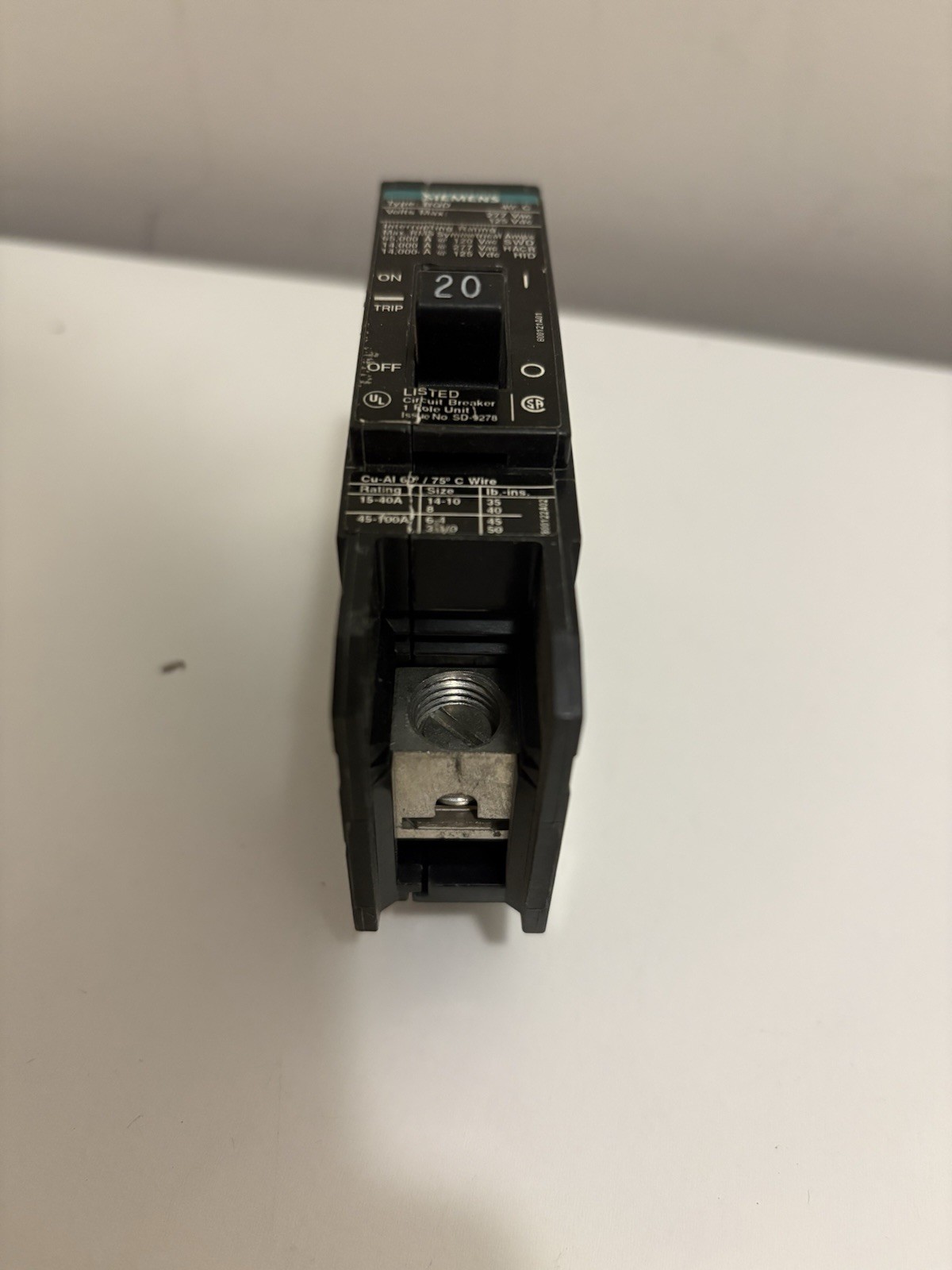 Siemens BQD120 Circuit Breaker 20 Amp 277 Volt 1 Pole Bolt On