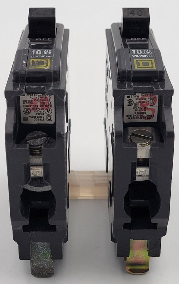 Square D QO110 10A (1) & QO140 40A (2) 1-Pole Circuit Breaker (Lot of 3) USED