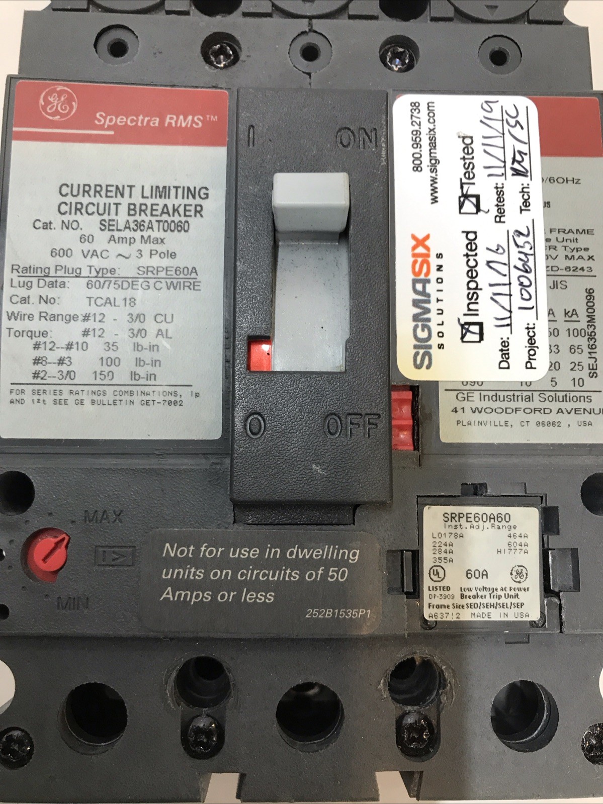 GE Spectra RMS SELA36AT0060 60Amp 3-Pole Circuit Breaker W/ 60Amp Plug Rating