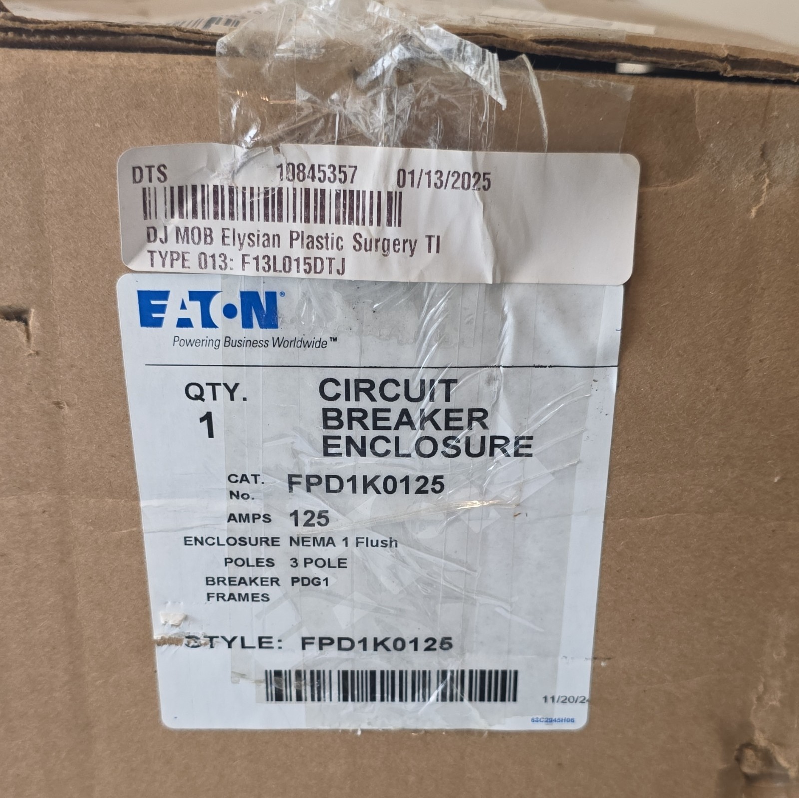 Eaton FPD1K0125 Circuit Breaker Enclosure 125A 3-Pole NEMA 1 Flush Gray