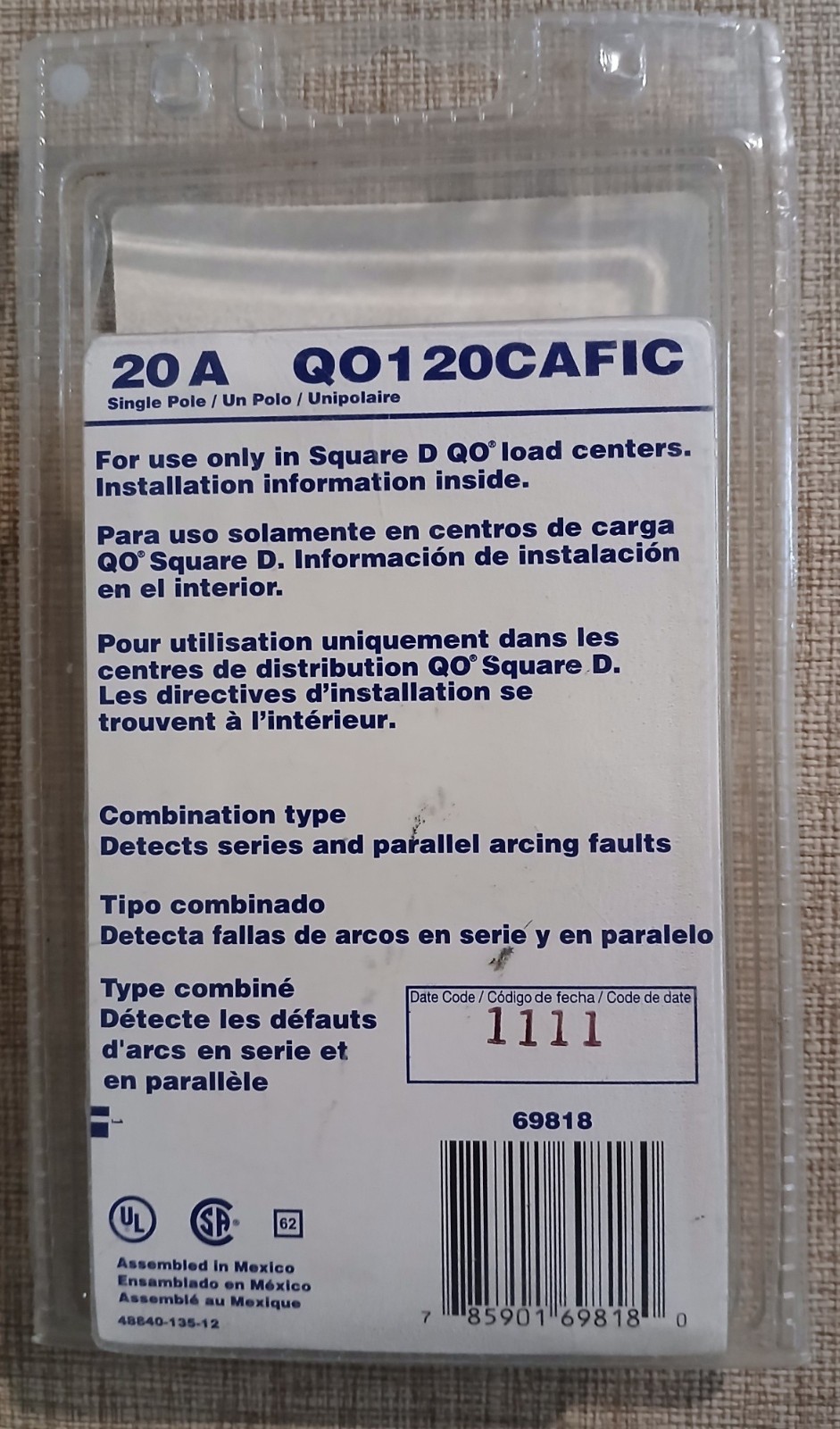 20 A Q0120CAFIC Single pole Square D QO Circuit Breaker New Old Stock