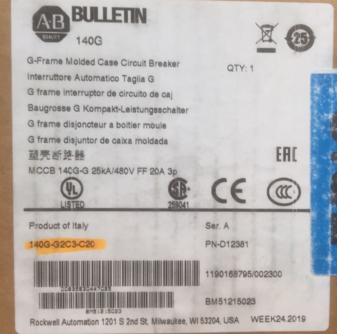HOUSTON STOCK NEW AB 140G-G2C3-C20 TYPE 140G 20 AMP 600V FREE 2 DAY AIR SHIPPING