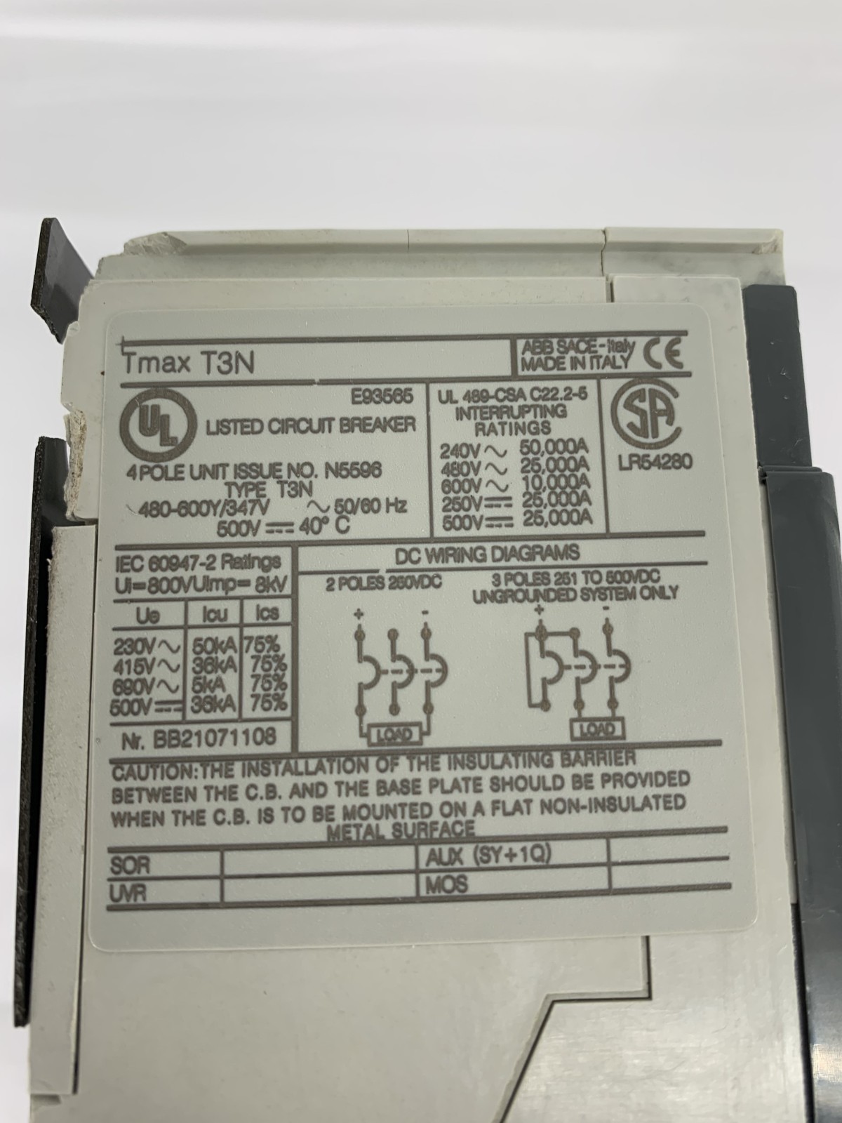 ABB SACE Tmax T3N T3N200TW 200A 4P 690VAC Molded Case Circuit Breaker