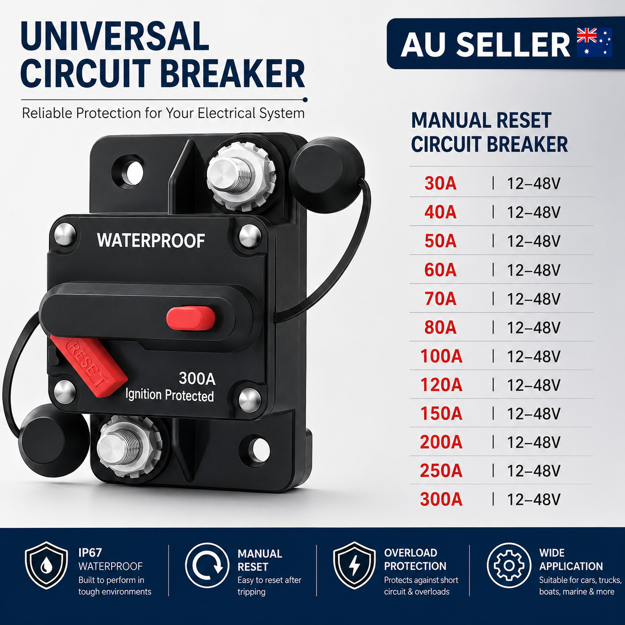 Waterproof Car Circuit Breaker Fuse Reset 30-300 A 12V-48V DC Car Boat Auto IP67