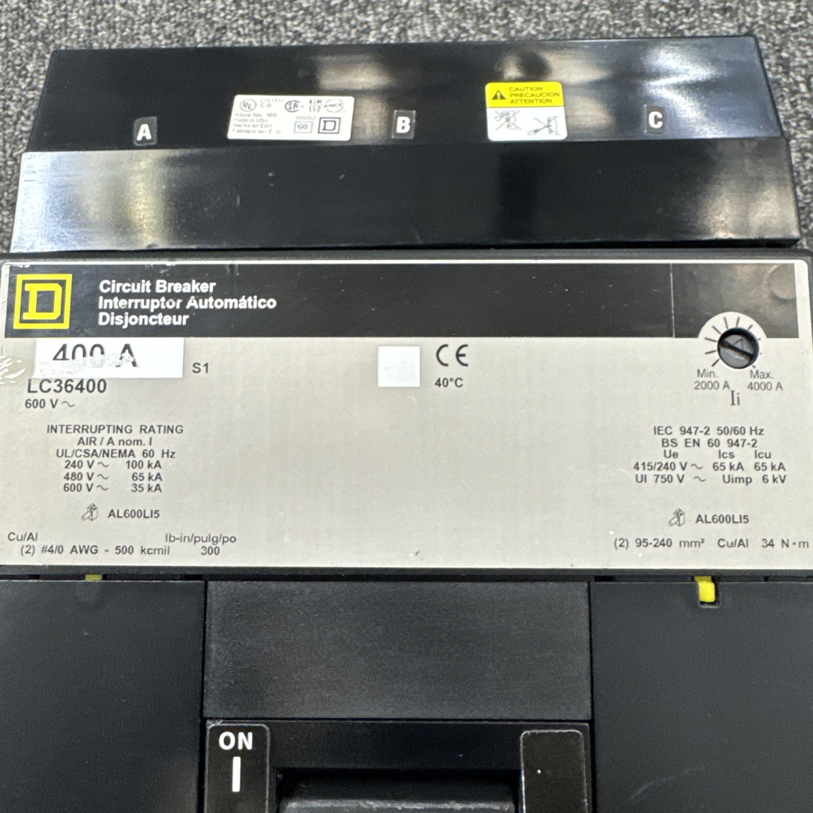 SQUARE D LC36400 3P 400 AMP 600V I-LINE CIRCUIT BREAKER RECONDITIONED AND TESTED