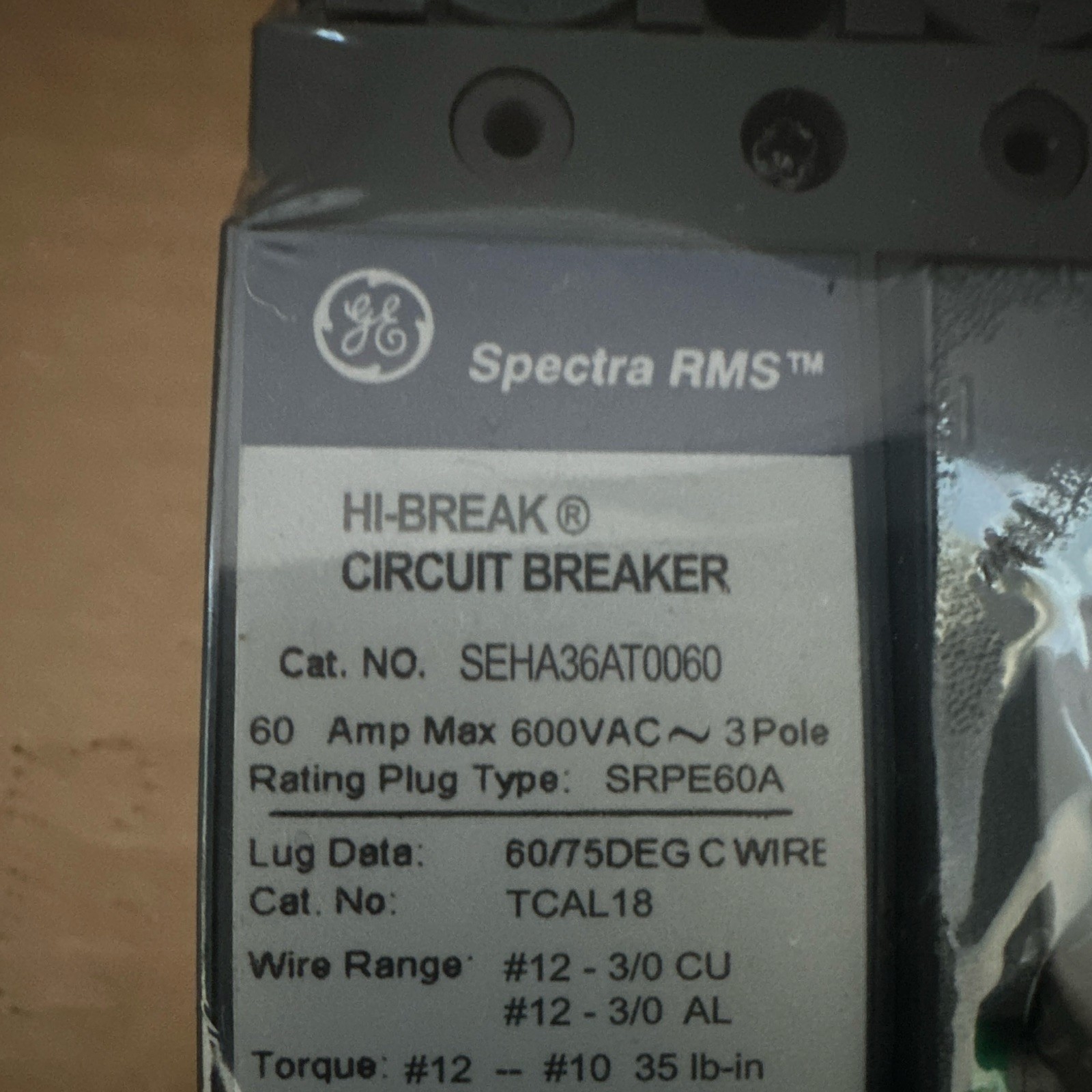GE Spectra RMS Circuit Breaker 60A 3 Pole 600VAC Thermal Industrial