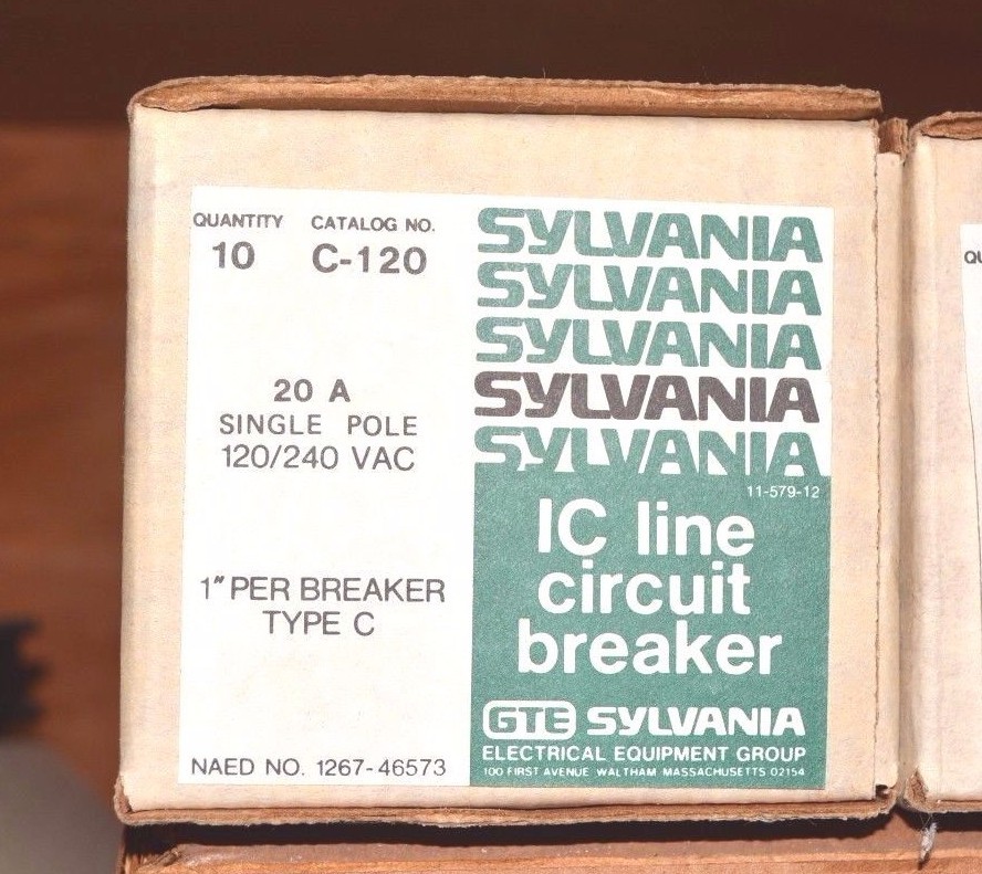 20A GTE Sylvania 20A Single Pole Type C Circuit Breaker 120/240 VAC NEW C120
