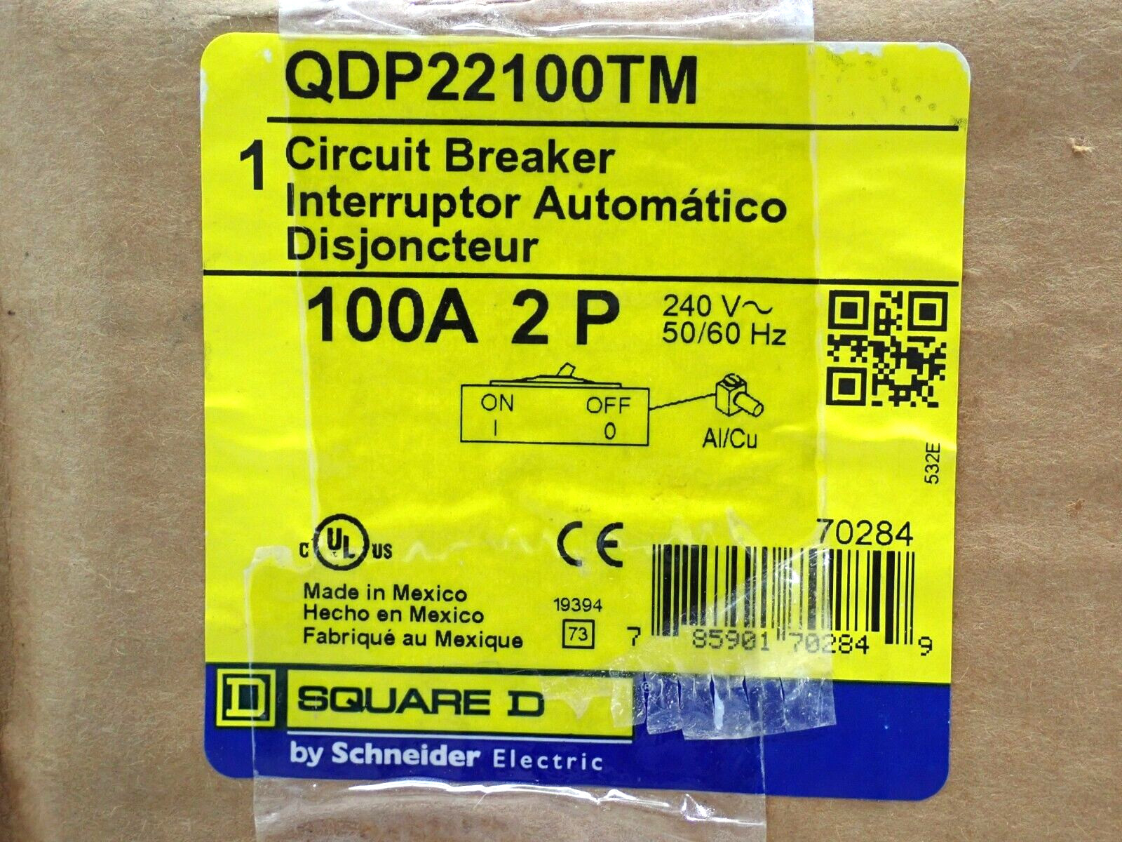 NEW Square D QDP22100TM 2 Pole 100 Amp 240 Volt 25kA@240V QD 100 Circuit Breaker