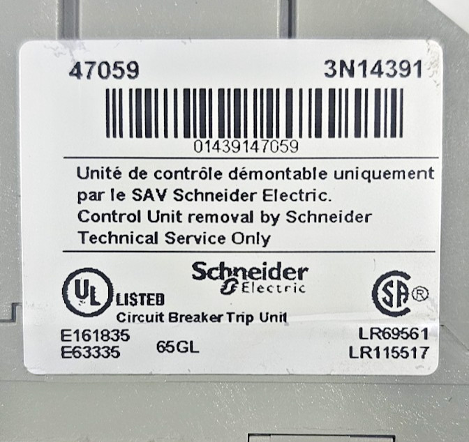 SCHNEIDER ELECTRIC MICROLOGIC 6.0 P 3N14391 47059 CIRCUIT BREAKER TRIP UNIT USED