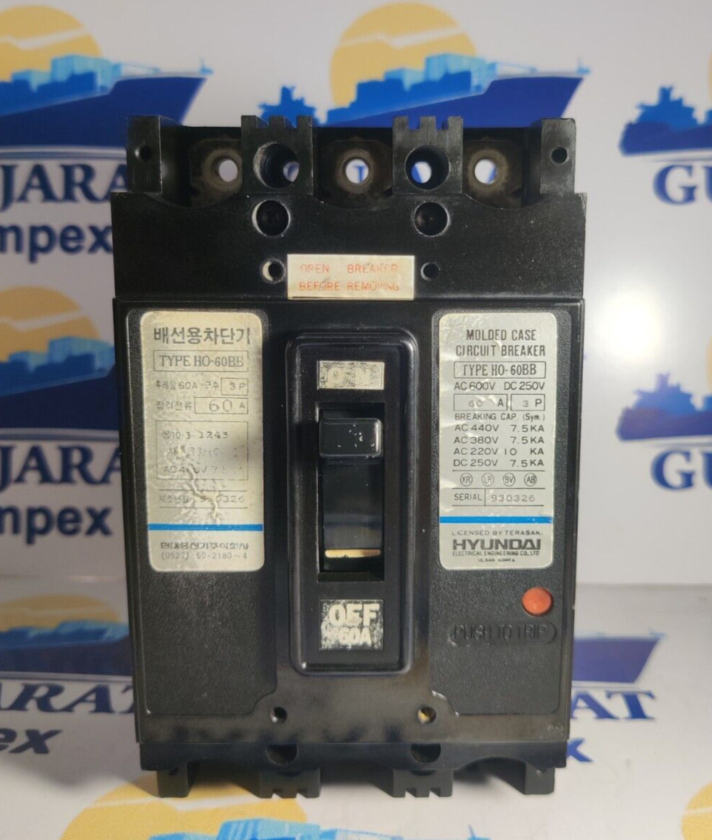 HYUNDAI CIRCUIT BREAKER HO-60BB 60A 3P AC440V 7.5KA PUSH TO TRIP TESTED OK