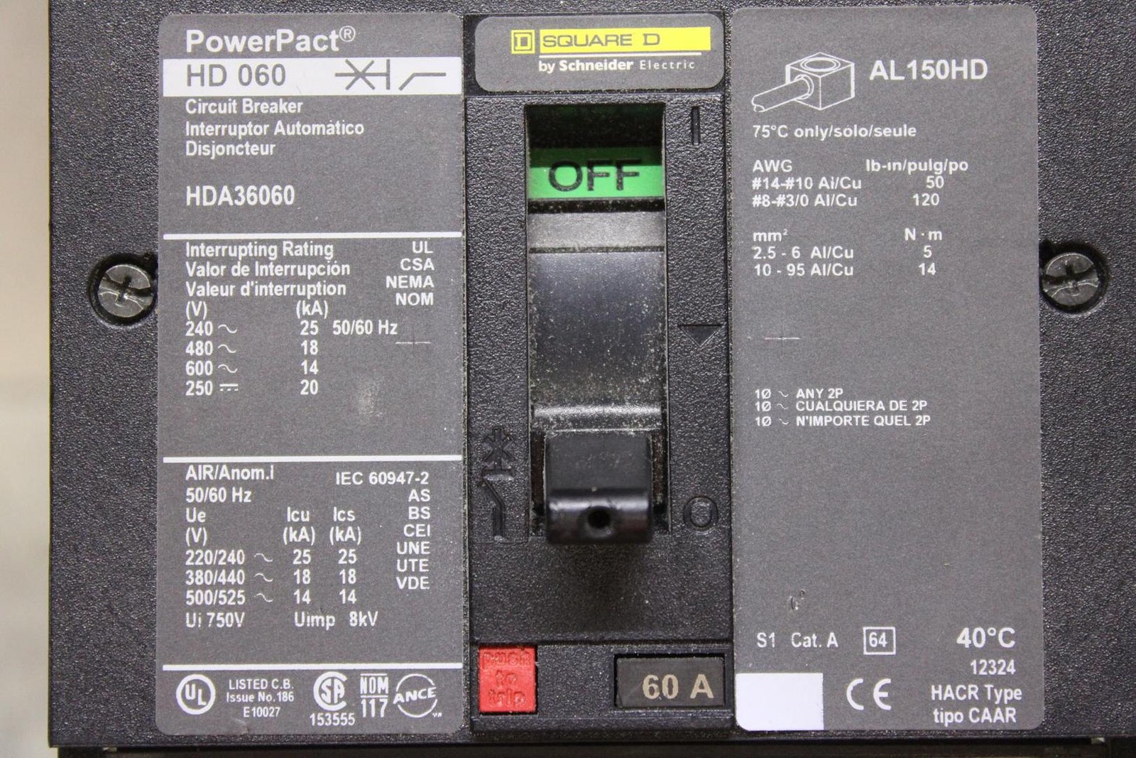 SQUARE D POWERPACT I-LINE CIRCUIT BREAKER HDA36060 60 AMP 600 VAC 3-POLE