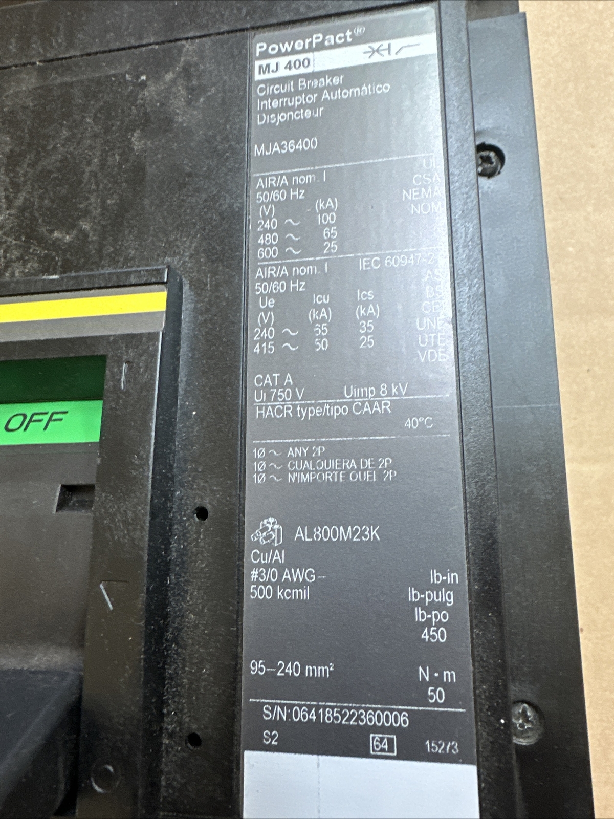 New Square D MJA36400 400 Amp 600 Vac 3 Pole Circuit Breaker